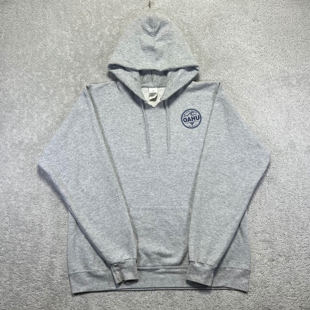 Oahu Hawaii Waikiki‎ Beach Hoodir Mens Large Gray Graphic Sleeve Hit Surf Aloha